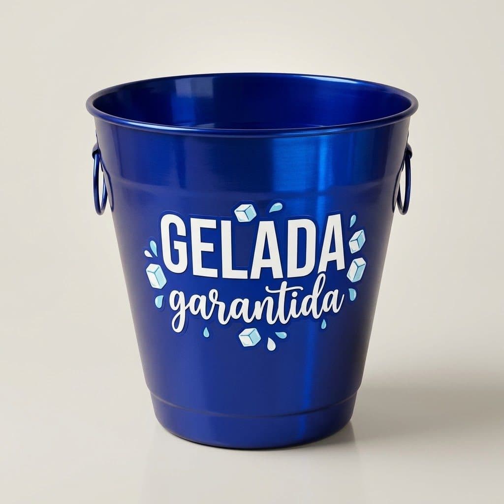Balde de gelo de alumínio azul com a frase Gelada garantida