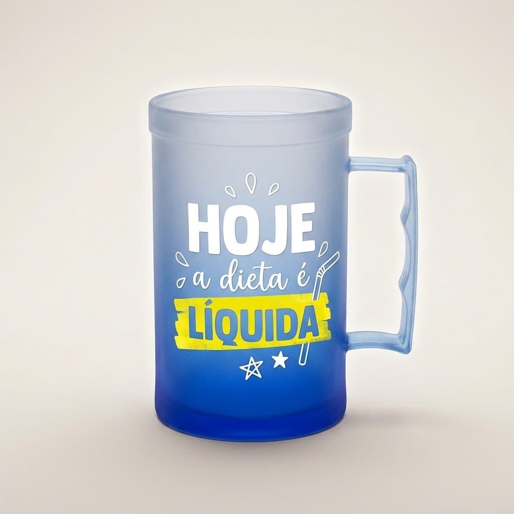 Caneca de chopp azul com a frase Hoje a dieta é líquida
