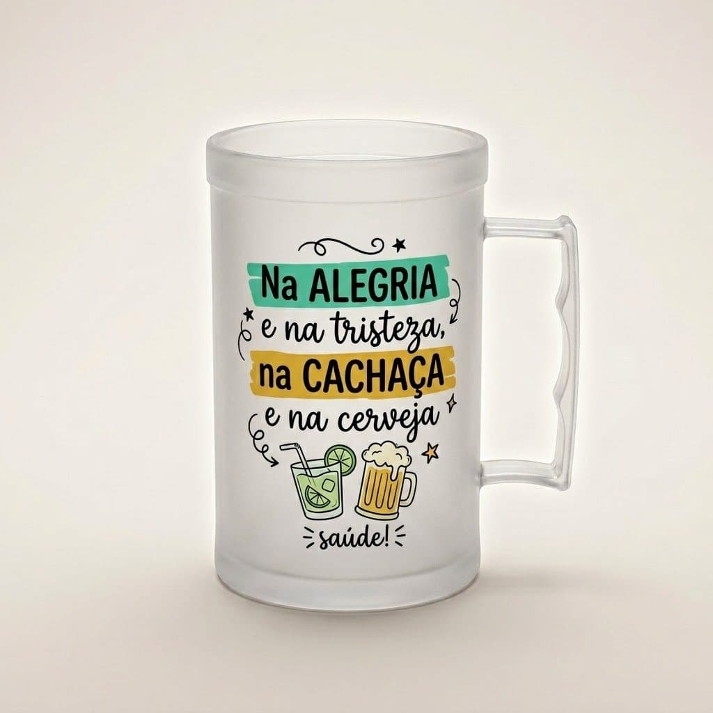 Caneca de chopp jateada com a frase Na alegria e na tristeza, na cachaça e na cerveja